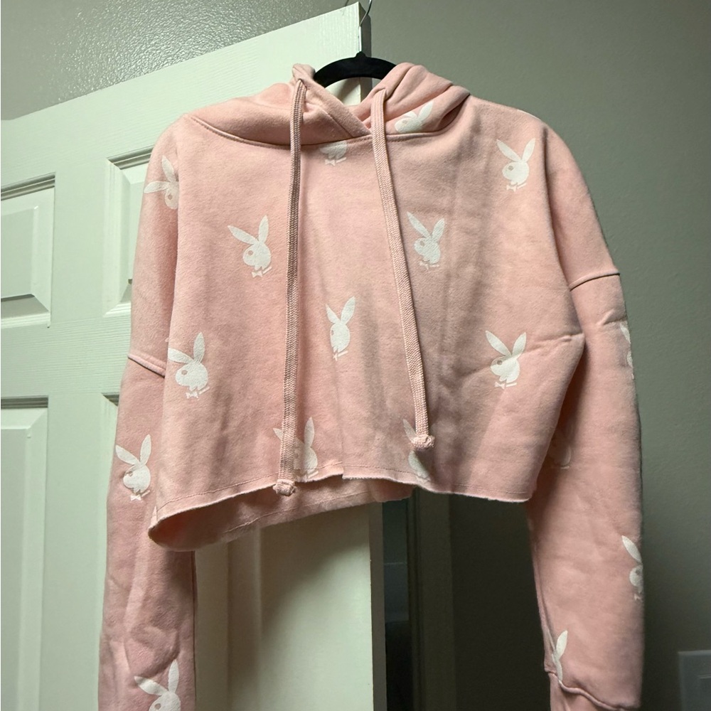 PLAYBOY Pink Cropped Hoodie with White Bunny Print